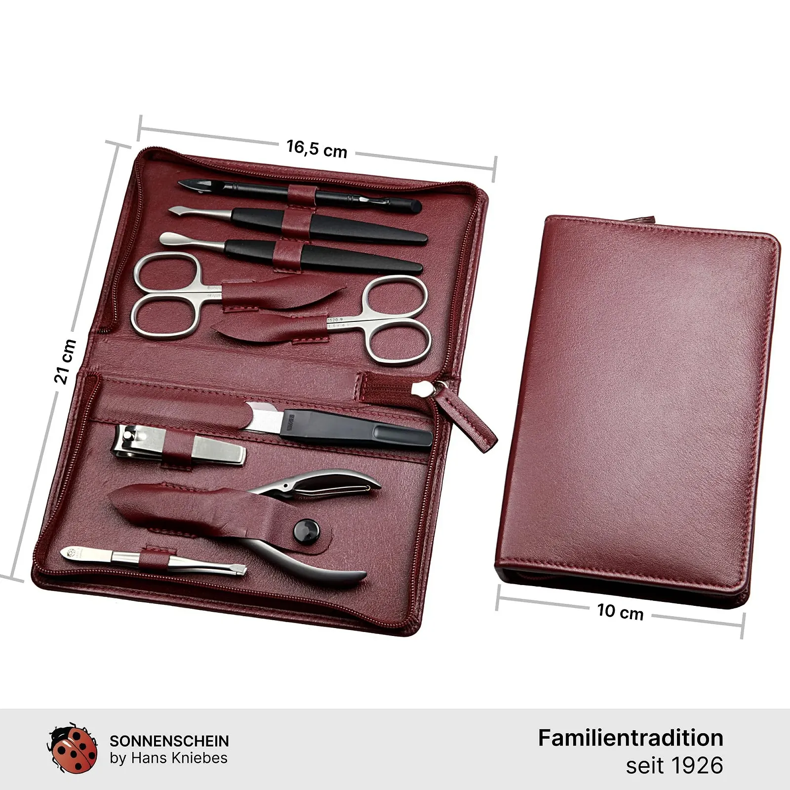 Манікюрний набір Sonnenschein by Hans Kniebes, 9 предметів, матове покриття, нержавіюча сталь, шкіра наппа, бордовий, фото №6