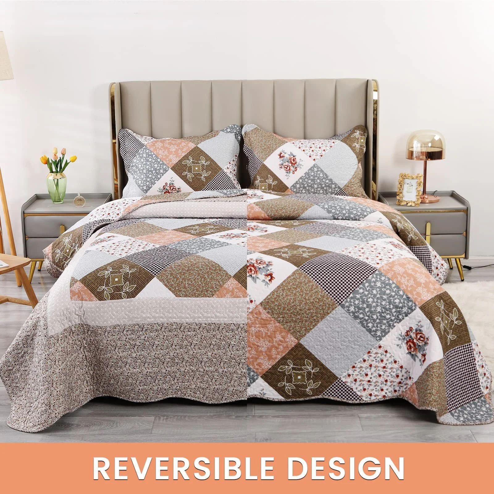 Покрывало стеганое Qucover Пэчворк 240 x 260 см, Покрывало на кровать 250 x 270 см Для двуспальной кровати, Зимний комплект, полиэстер, 2 наволочки 50 x 90 см, двухстороннее, фото №4