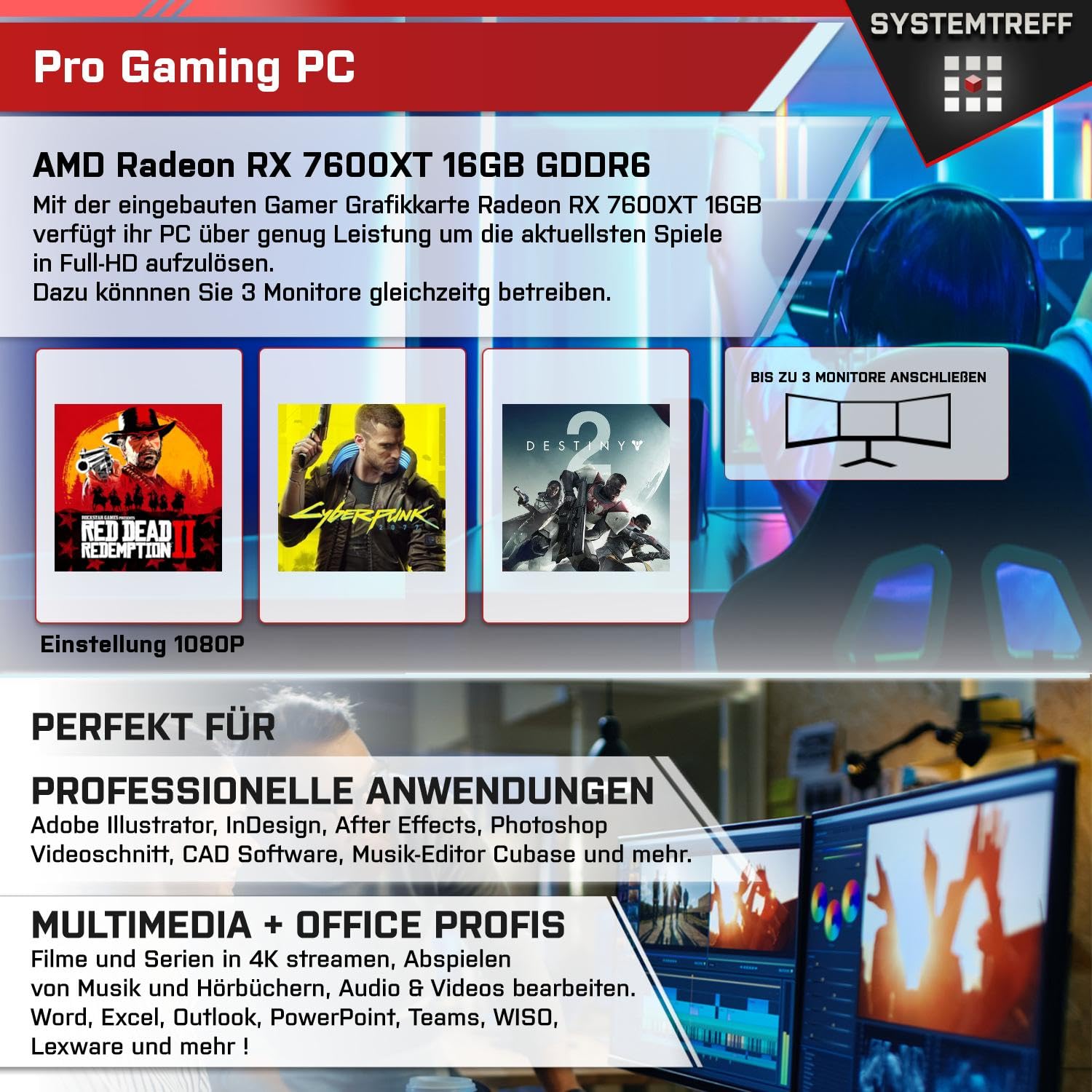 Комплект компьютера SYSTEMTREFF Gaming AMD Ryzen 5 7600X AMD Radeon RX 7600XT 16GB 1TB 32GB WLAN, фото №5