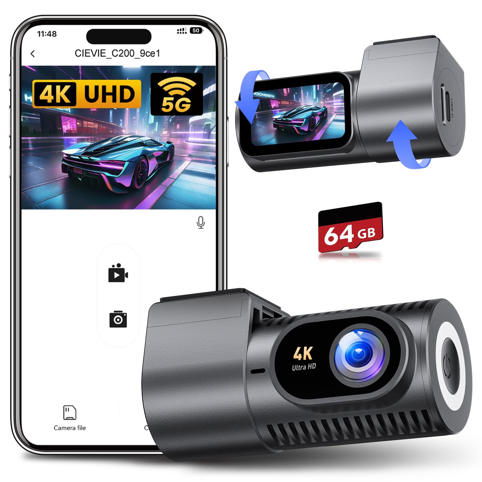 Відеореєстратор CIEVIE 4K, 1.5" IPS дисплей, 5G WiFi, карта 64GB, поворот на 360, фото №1