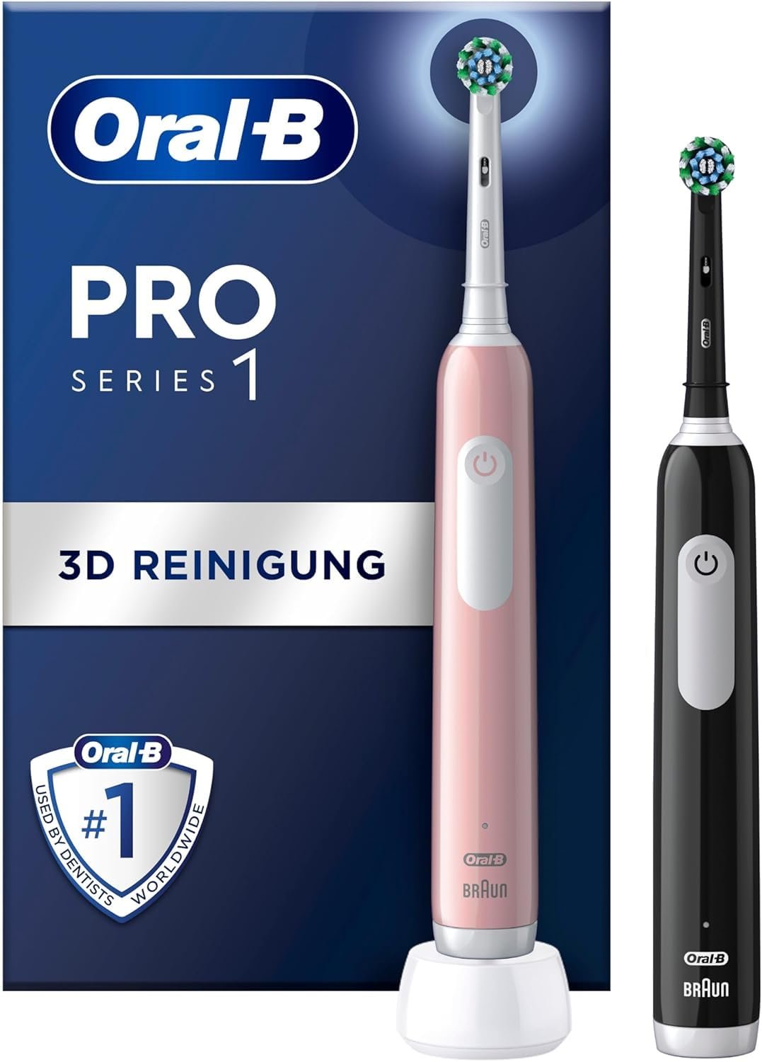 Електрична зубна щітка Oral-B Pro Series 1, подвійна упаковка, 2 змінні насадки, 3 режими чищення та датчик тиску, рожева/чорна, фото №1