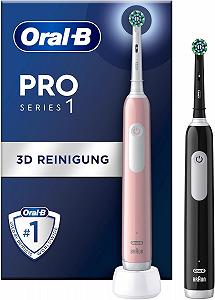 Електрична зубна щітка Oral-B Pro Series 1, подвійна упаковка, 2 змінні насадки, 3 режими чищення та датчик тиску, рожева/чорна - Фото 1