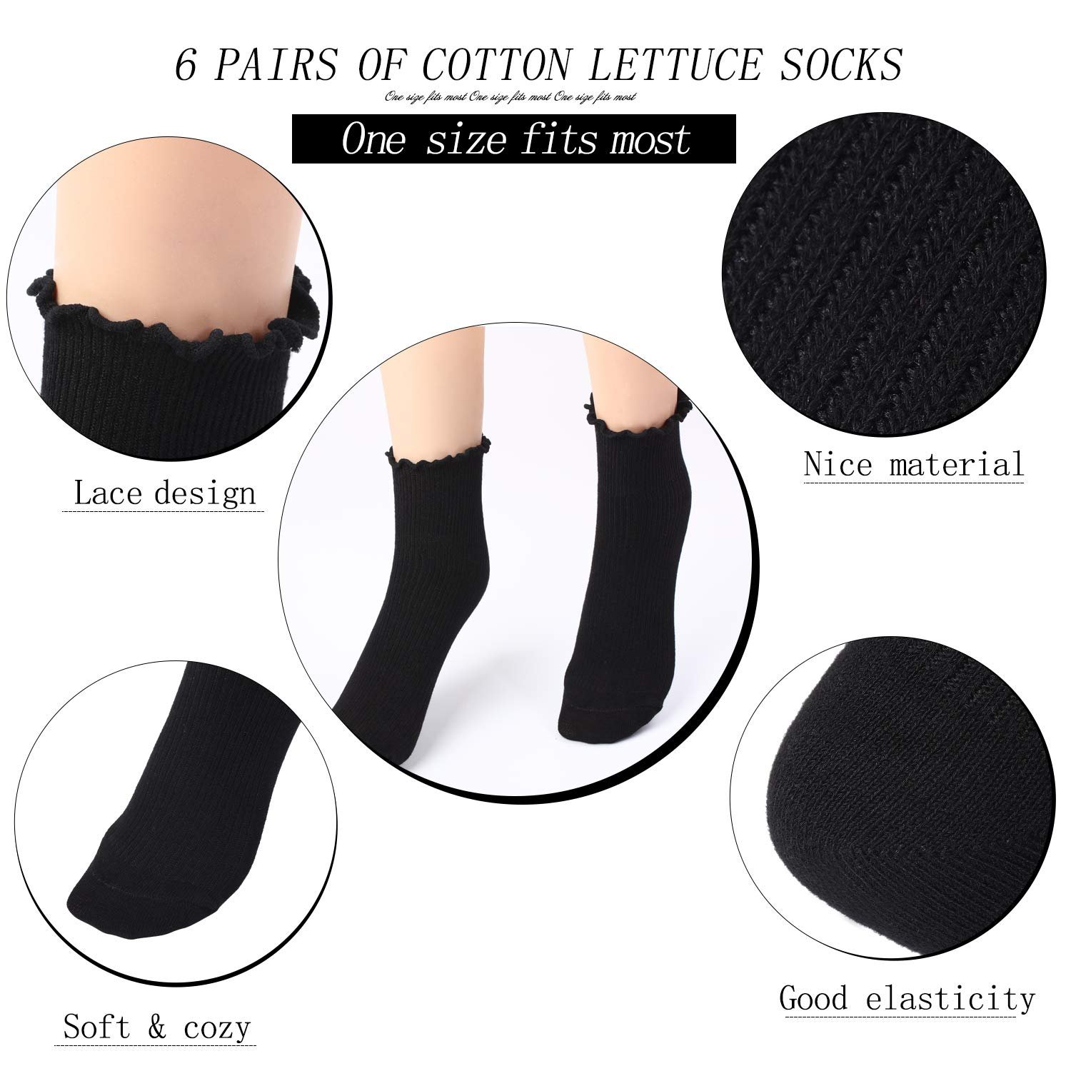 Женские носки, кружевные носки с оборками, вязаные носки с однотонным салатным краем, 6 пар, Einheitsgr,, фото №2