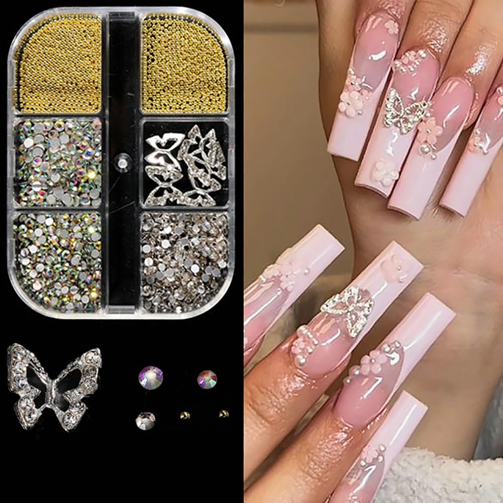3D Акриловые Цветы Подвески для Ногтей Стразы Бабочка Гвоздь Подвески Мелкие Икряные Бусины Акриловые Стразы для Ногтей Бриллианты Металлические Заклепки для Женщин и Девушек, фото №3