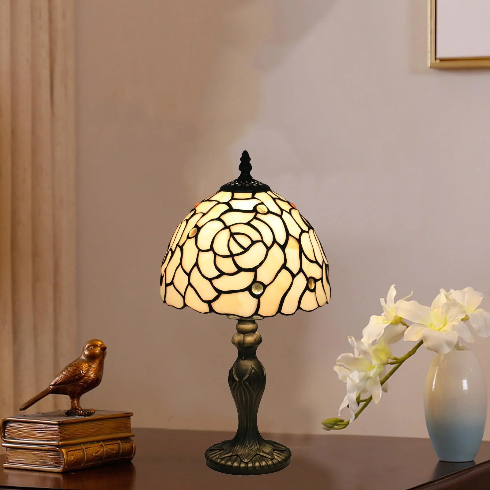 Настільна лампа Tiffany Ретро Вінтажна Візерунок Золота Троянда Вітражне скло LED, фото №5