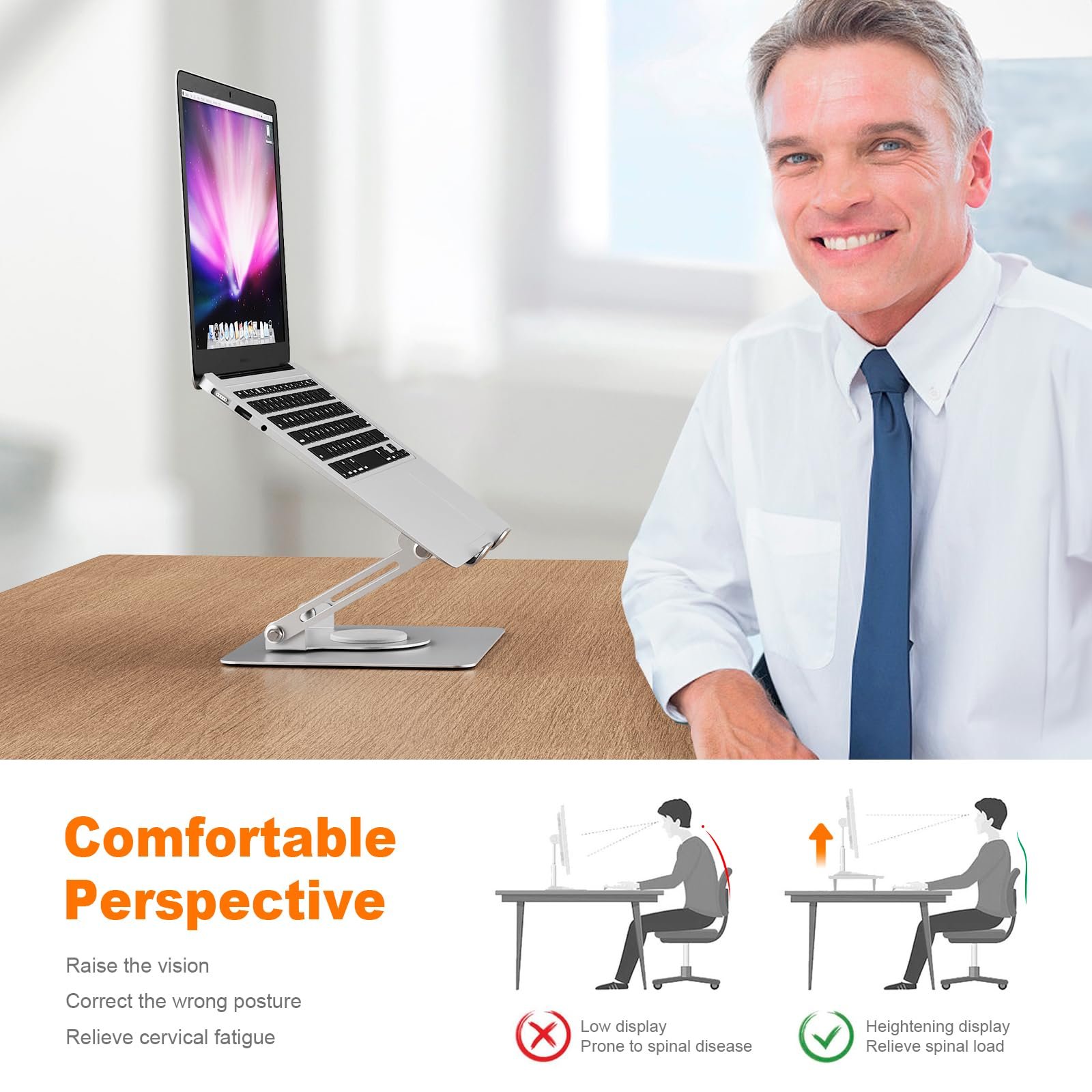 Підставка для ноутбука GRIFEMA, регульована по висоті та складна, основа з обертанням на 360 градусів, стабільна, вентильована та ергономічна, максимальне навантаження 6 кг, сумісна з MacBook Air/Pro, Dell, ноутбуками 11-17 дюймів, срібляста, фото №7