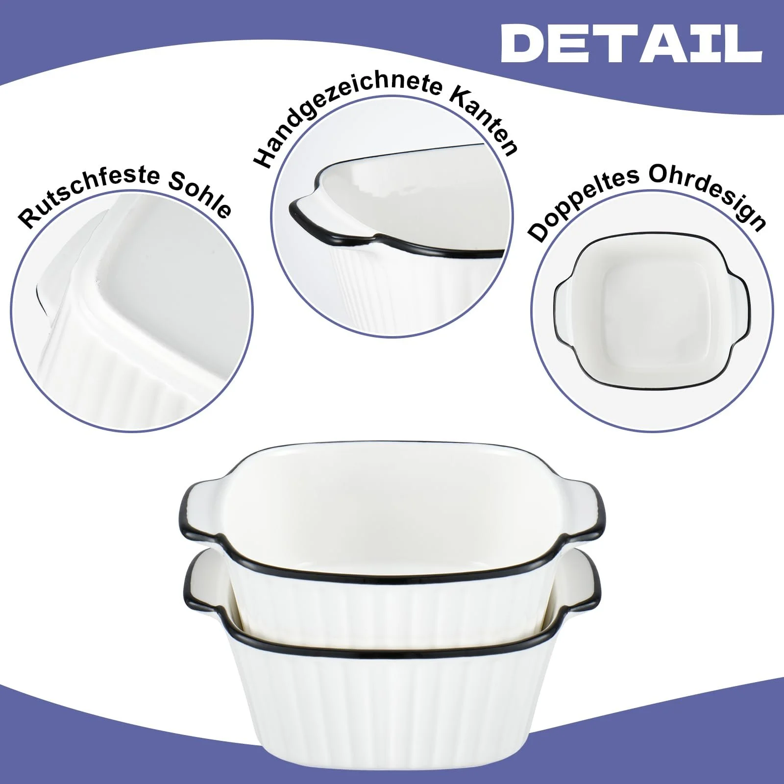 Набір форм для запікання 2 шт. керамічні квадратні 14.5 x 12 x 5.5 см 400 мл білі з чорними смугами, фото №4