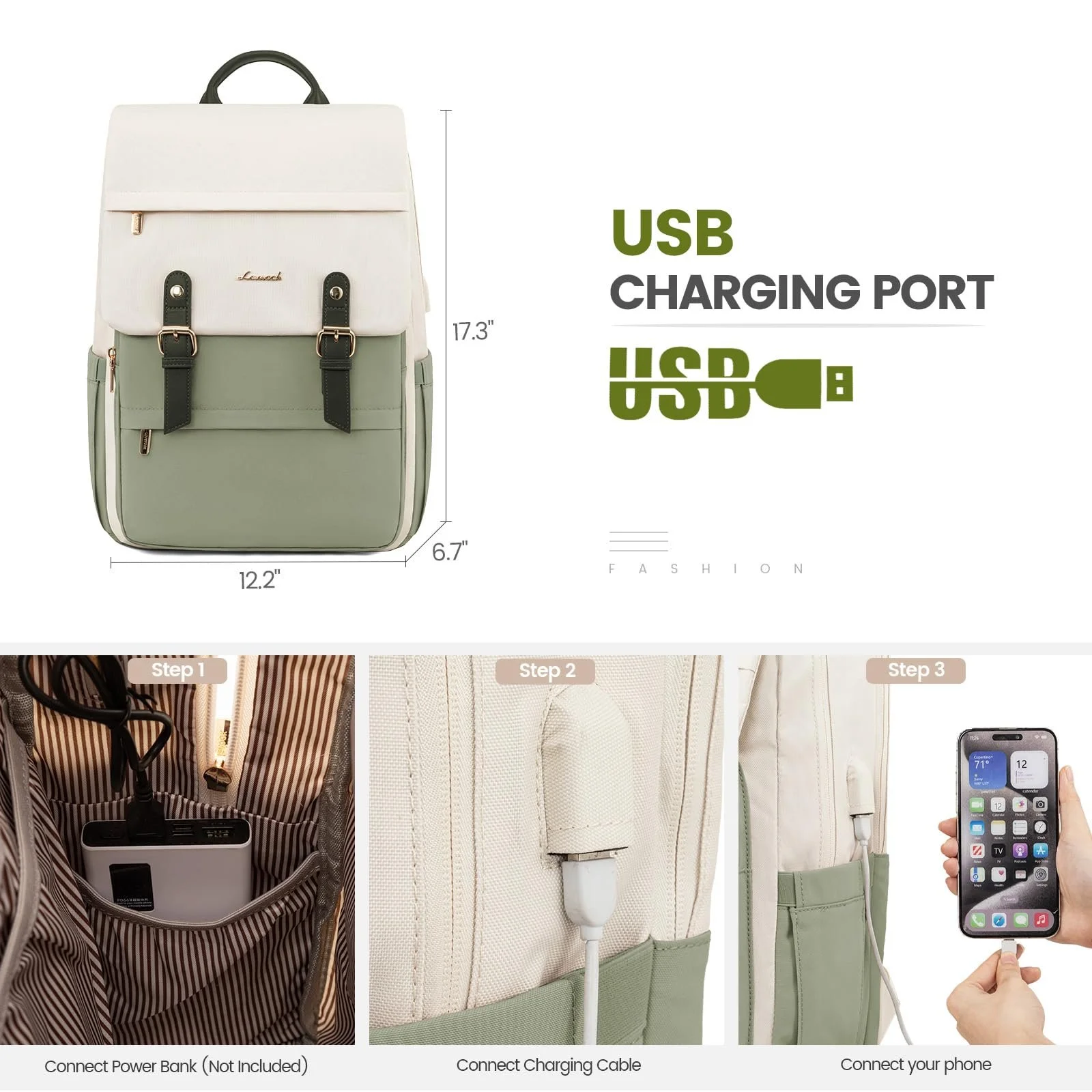 Жіночий рюкзак LOVEVOOK 15.6 дюйма водонепроникний з USB-портом Бежево-зелений, фото №3 Жіночий рюкзак LOVEVOOK 15.6 дюйма водонепроникний з USB-портом Бежево-зелений, фото №3