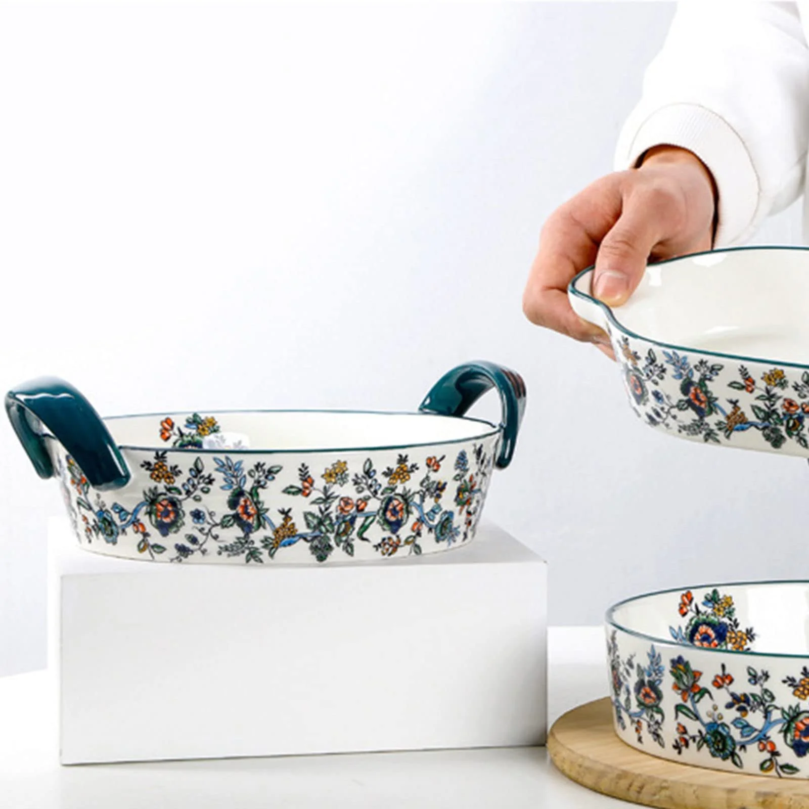 Форма для запекания керамическая круглая с ручкой 900 мл зеленая, фото №9 Форма для запекания керамическая круглая с ручкой 900 мл зеленая, фото №9