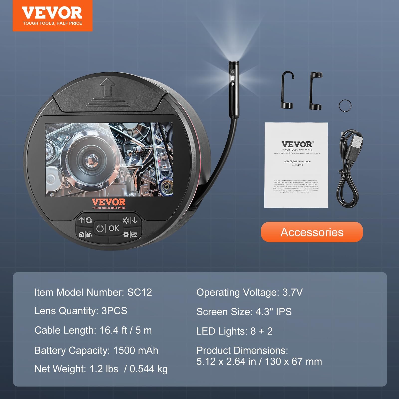 Эндоскоп VEVOR Triple Lens, инспекционная камера с 4,3-дюймовым IPS-экраном, 8+2 светодиодами, водонепроницаемостью IP67 для автомобильной сантехники (включая кабель 5 м, карту 32 ГБ), фото №7