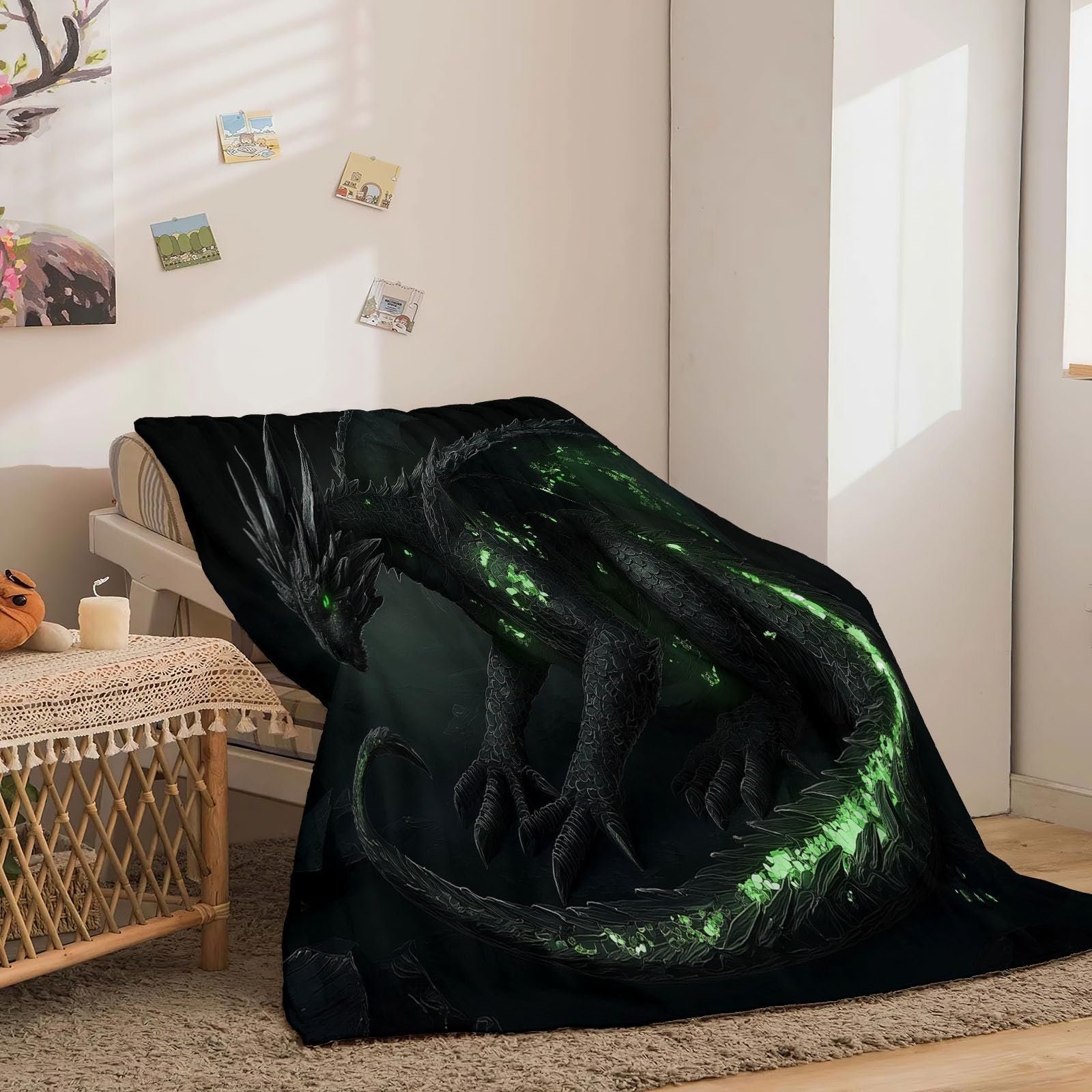 Одеяло Фланелевое Мягкое, Абстрактный Неоновый Дракон, 220 x 240 см, Зеленый, Черный, фото №3