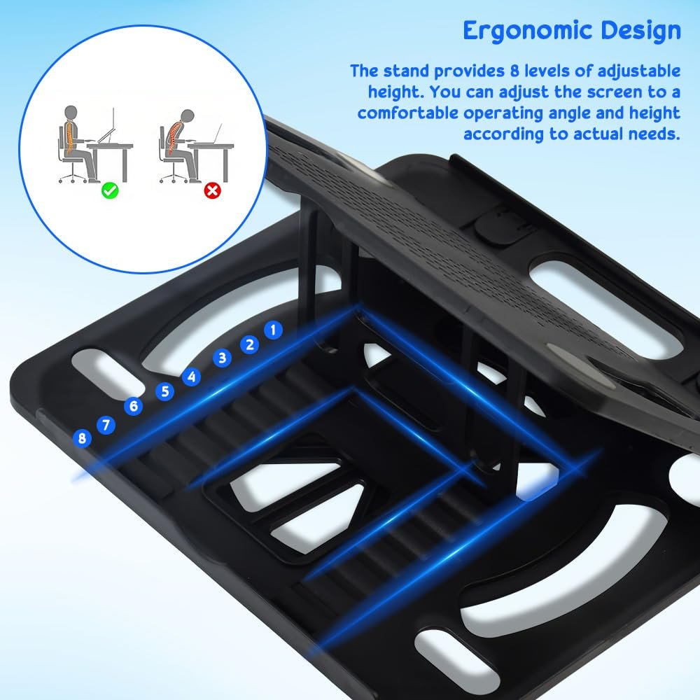 Подставка для ноутбука складная, регулируемая на 8 уровней, черная, ABS держатель для ноутбука, вентилируемая, эргономичная, совместима с большинством ноутбуков, фото №5 Подставка для ноутбука складная, регулируемая на 8 уровней, черная, ABS держатель для ноутбука, вентилируемая, эргономичная, совместима с большинством ноутбуков, фото №5