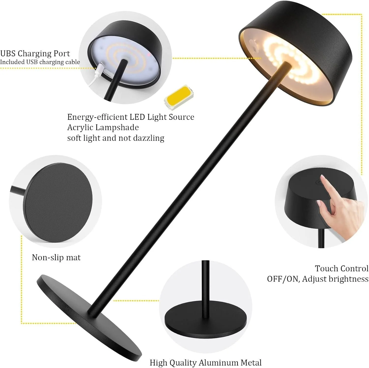 Настільна лампа Klighten Набір 2 шт. Сенсорне керування LED Алюміній Акумуляторна Тепла біла IP65 Водонепроникна, фото №4