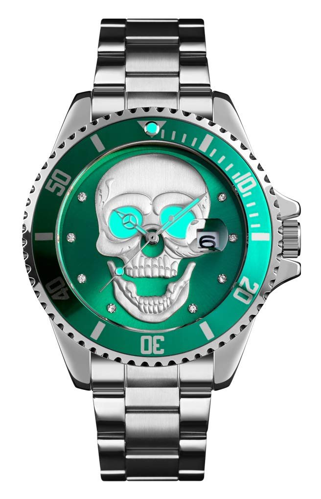 Часы HUNRUY 3D Skeleton Unidirectional Bezel 30M Waterproof Quartz Мужские Зеленый Серебристый Fashion, фото №7