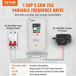 Частотний перетворювач VEVOR VFD з регульованою частотою 7,5 к.с. 5,5 кВт 25 A Однофазний/Трифазний вхід змінного струму 0-220 В 50/60 Гц зі змінною частотою 0-2000 Гц synthetic.ua - Фото 1