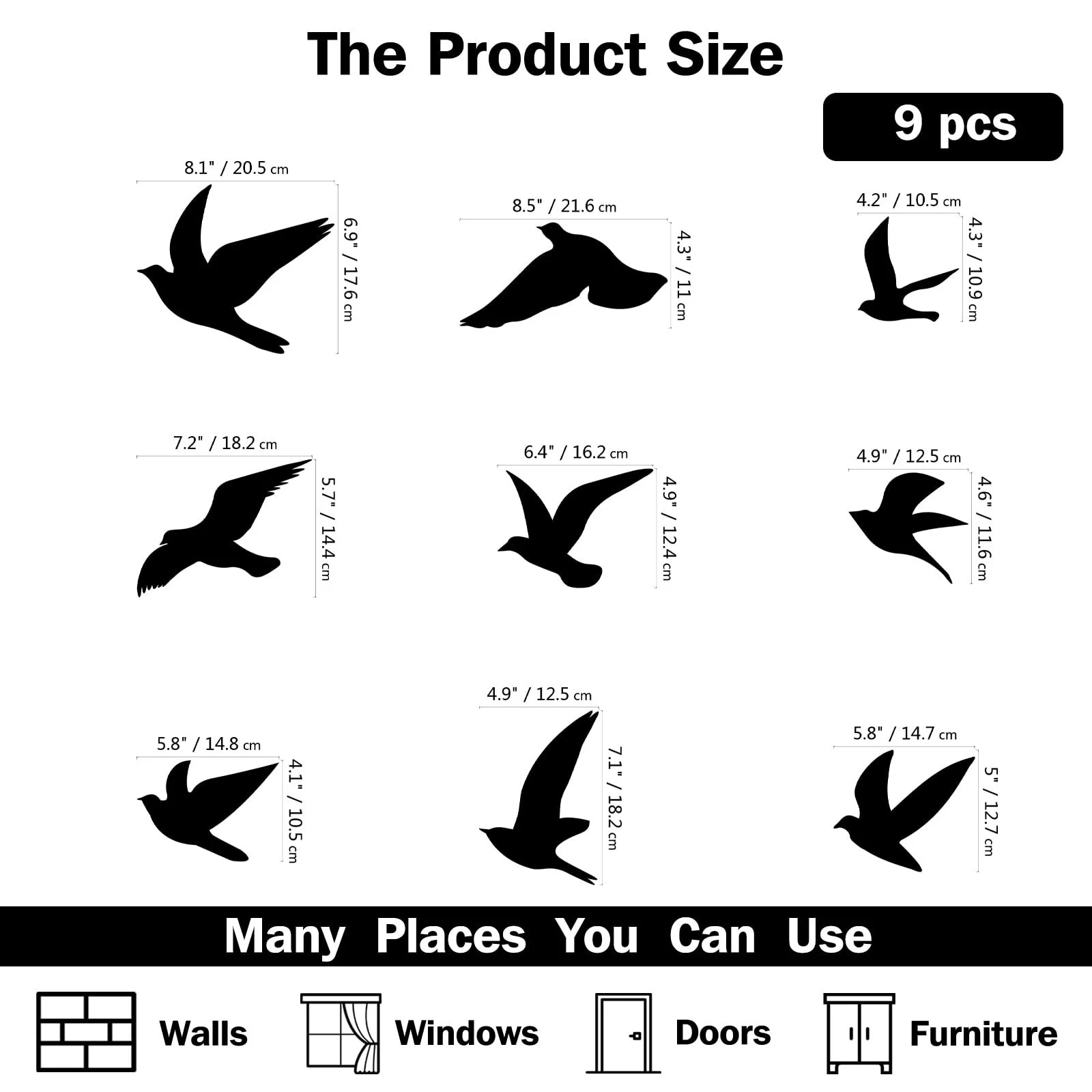 Наклейки на стіну SUPERDANT Flying Bird Dove of Peace 28 x 66 см Чорні 9 шт., фото №2
