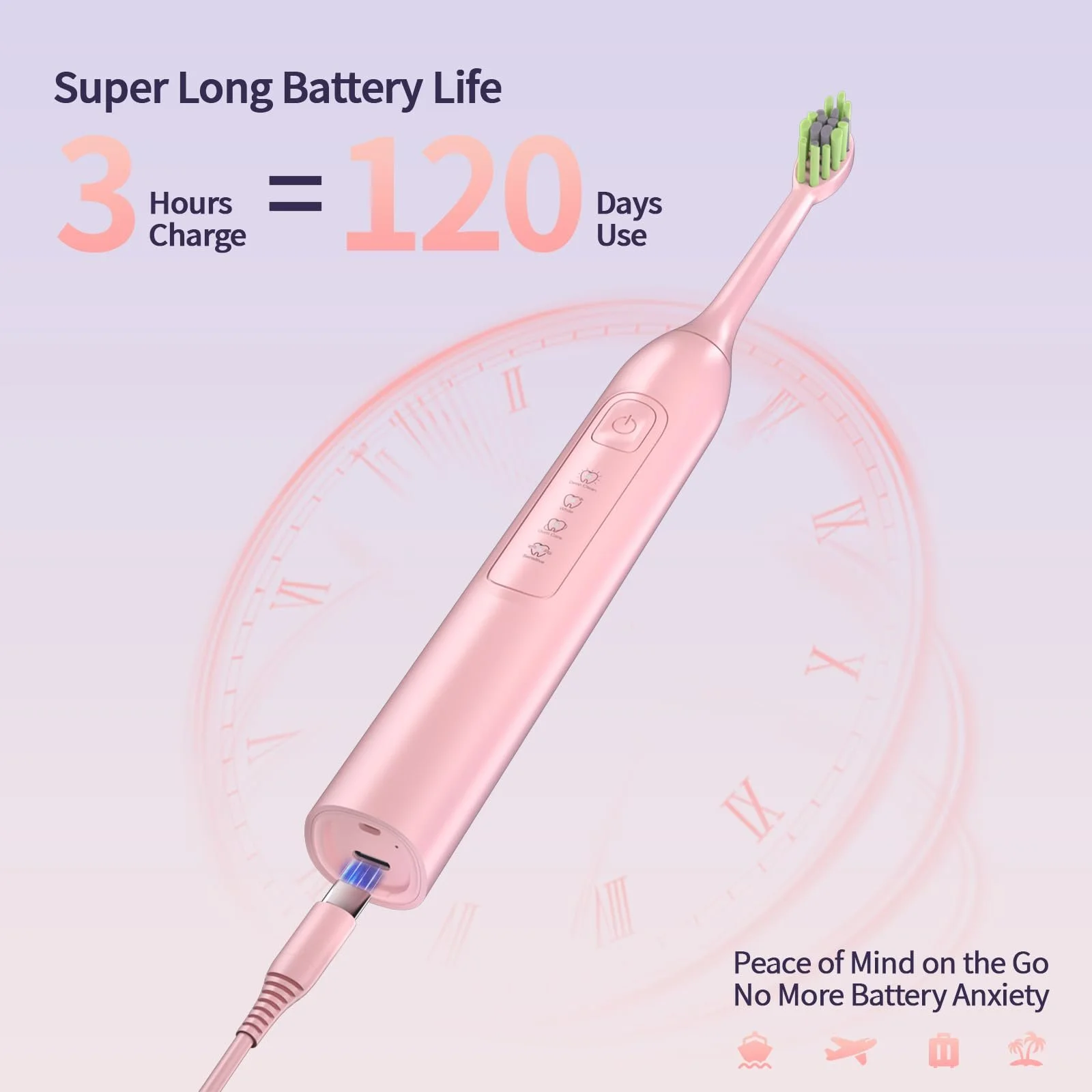 Электрическая звуковая зубная щетка OasiSmile 6 насадок Dupont 42000 VPM 4 режима 120 дней автономной работы IPX7 Розовая, фото №6