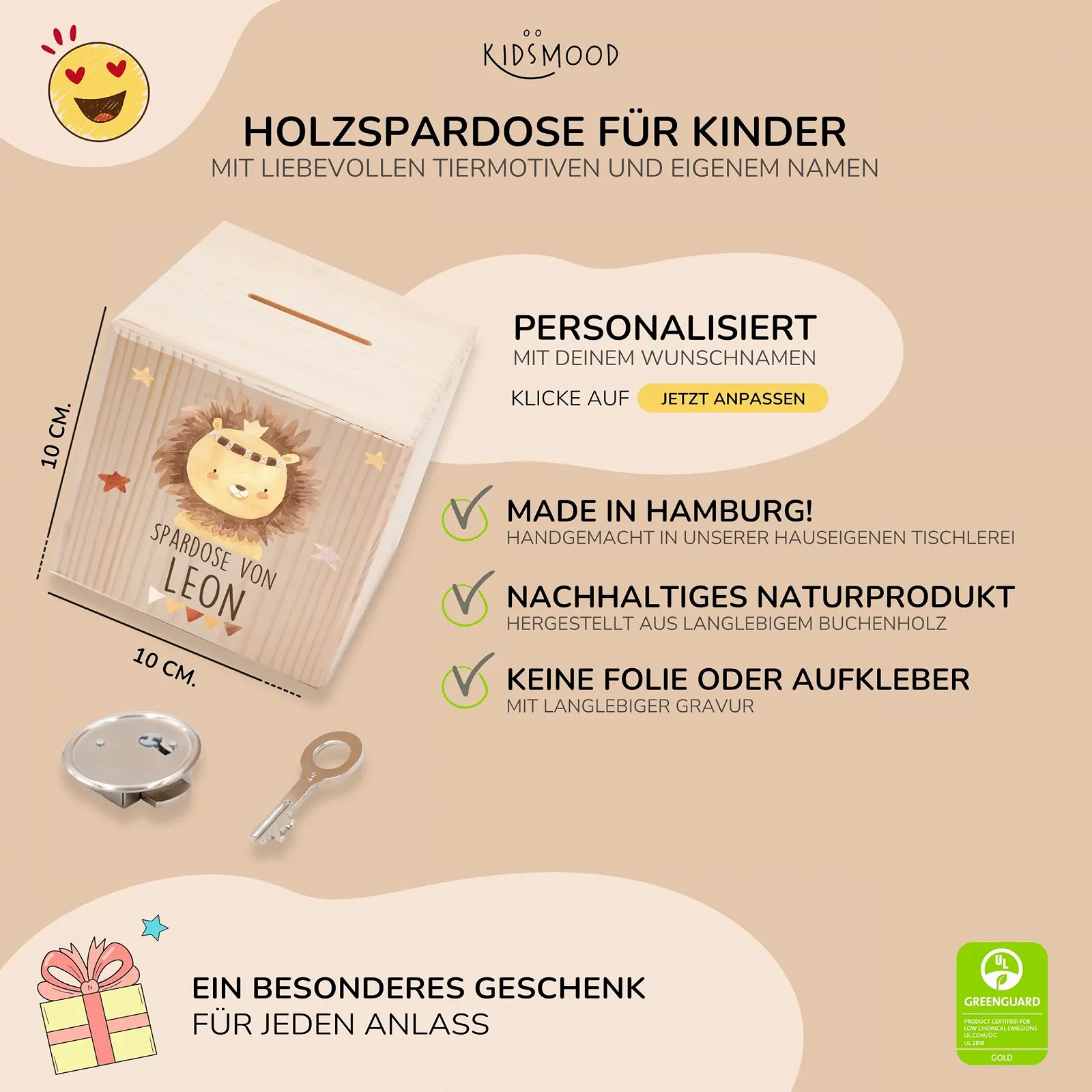 Скарбничка KIDSMOOD дерев'яна з ключем Персоналізована, фото №4