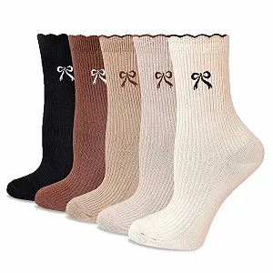 Женские носки с рюшами, милые носки до середины икры с вышивкой бантиком, дышащая хлопковая смесь, набор из 5 штук, разноцветные - Фото 1