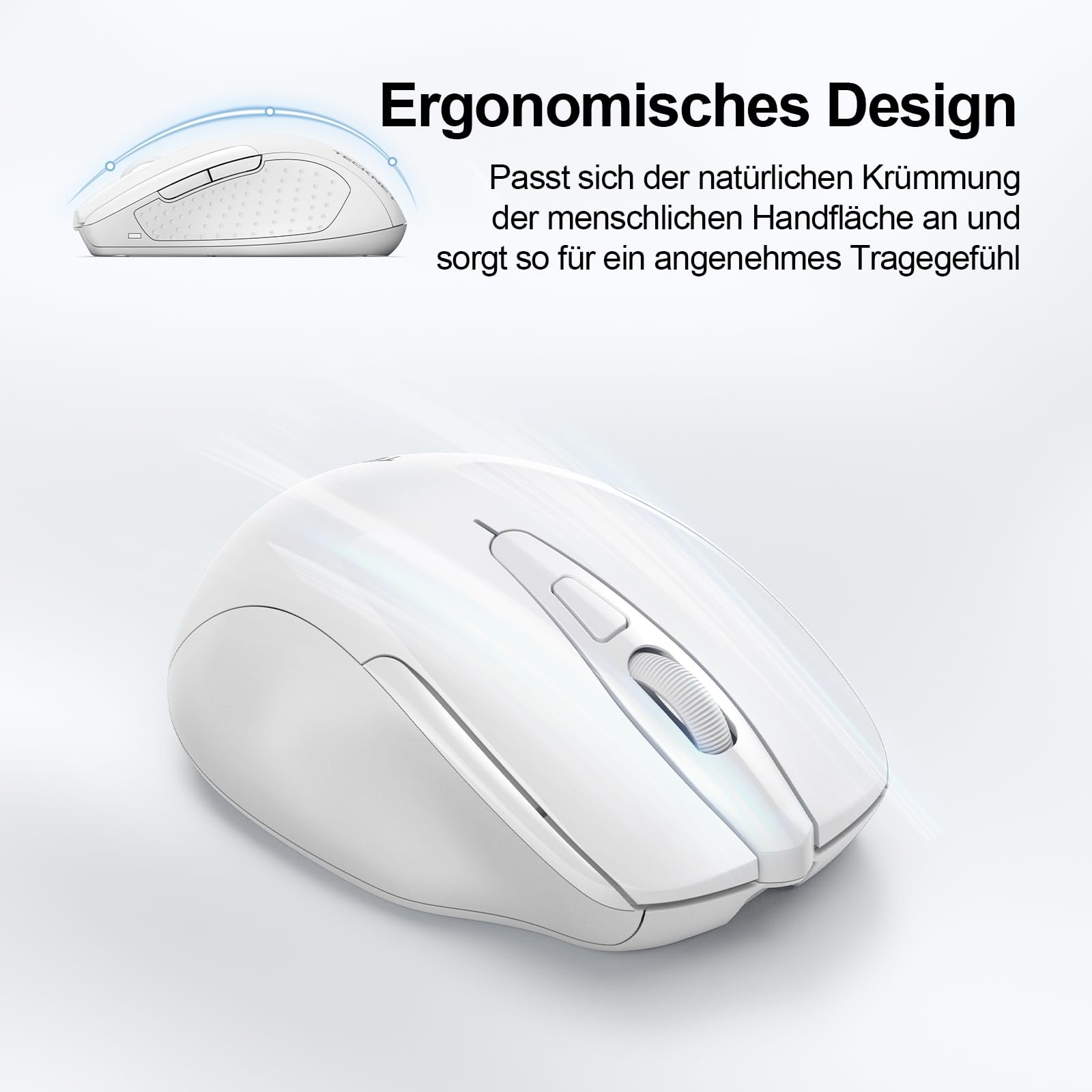 Мышь Bluetooth TECKNET Беспроводная Перезаряжаемая 4800 DPI Эргономичная Тихая Белая, фото №6