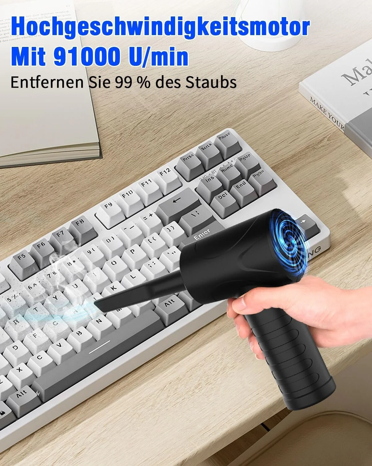 Электрическая воздуходувка 91000 RPM 3 скорости 6000 mAh с фонариком и насадками, фото №2