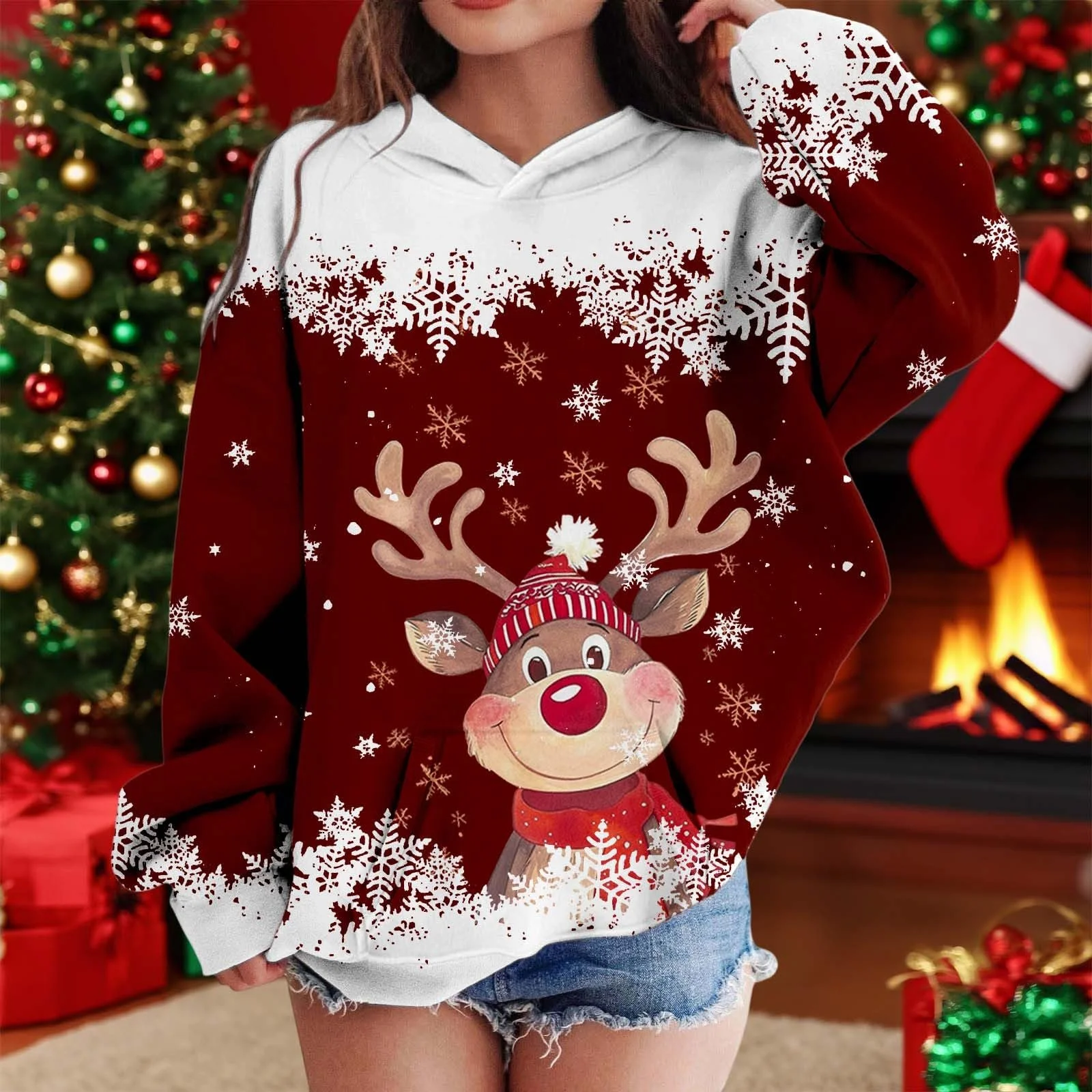 Детский рождественский джемпер, толстовка с капюшоном с мультяшным оленем, с длинными рукавами для мальчиков и девочек (2-12 лет), фото №3