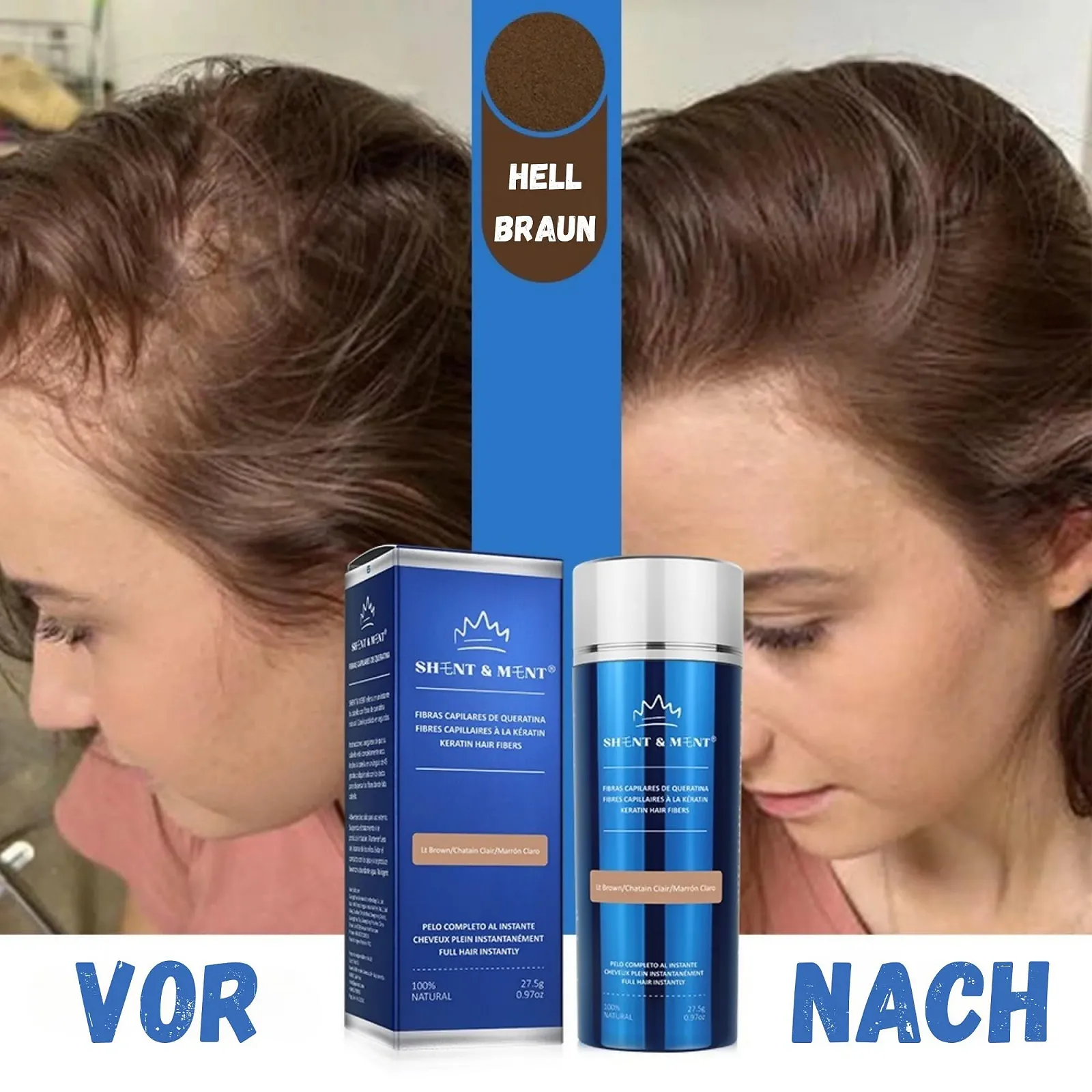 Волокна для волосся SHENT & MENT Кератин Для миттєвого об'єму Проти випадіння волосся/залисин Світло-коричневий 27.5 г, фото №7