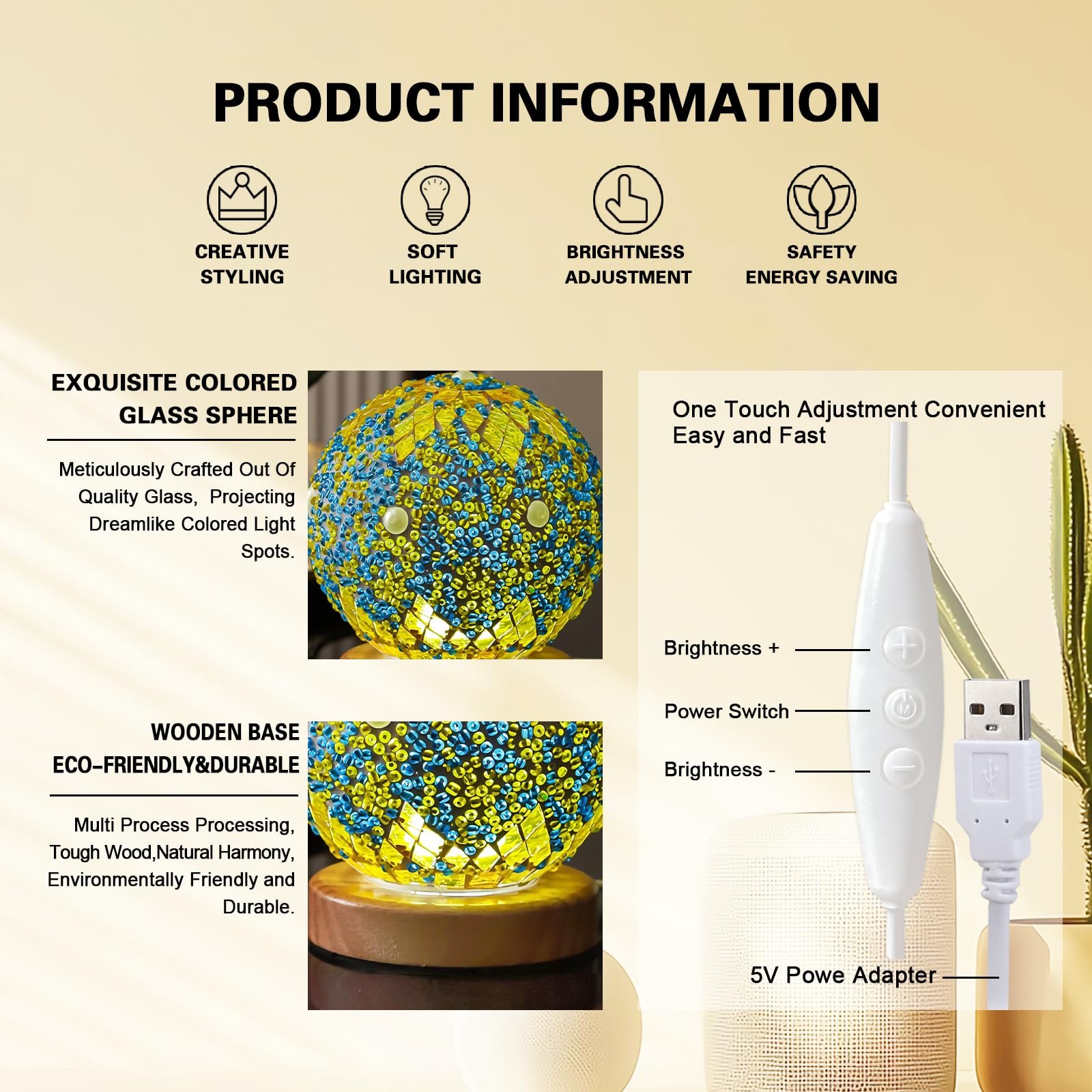 Настільна лампа Morocco Mosaic Скляна мозаїка Дерев'яна основа USB Moroc-Green, фото №3