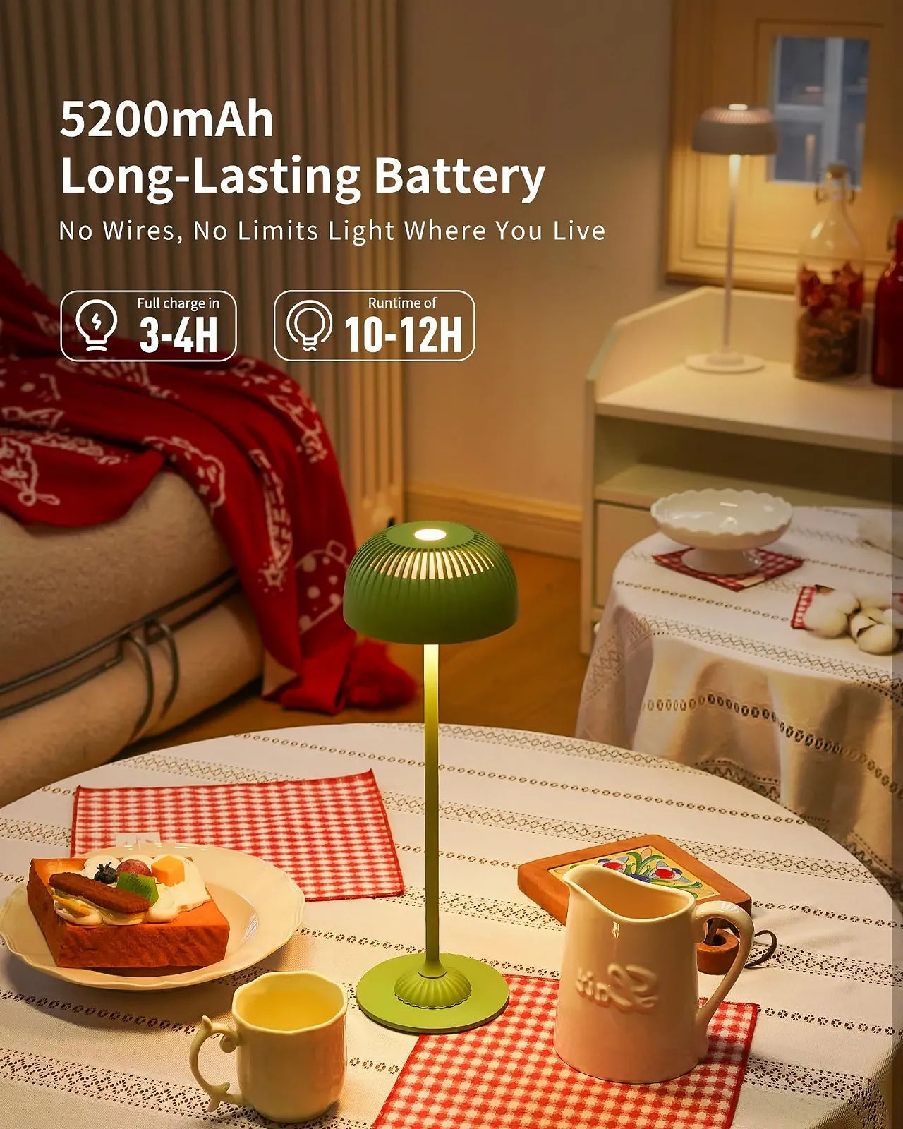 Настільна лампа Акумуляторна сенсорна регульована яскравість 5200 мАг 3 режими світла IP54 2 шт. Зелений, фото №2
