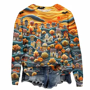 Женский Рождественский Свитшот 2024 Теплый и Стильный Хэллоуинский Свитшот Большого Размера Круглый Вырез Скелет Пуловер Длинный Рукав Пуловер Свитшоты Футболки Топы Передняя Молния - Фото 1