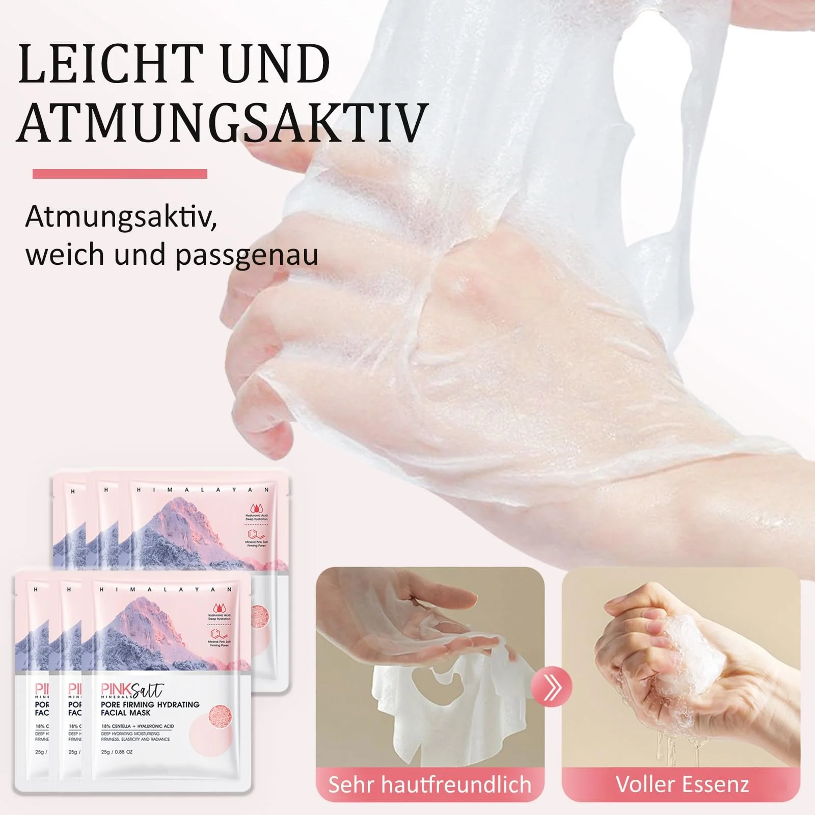 Маска для обличчя Soleneva з рожевою сіллю - 6 штук Зволожуюча маска для обличчя з центеллою та гіалуроновою кислотою, фото №4