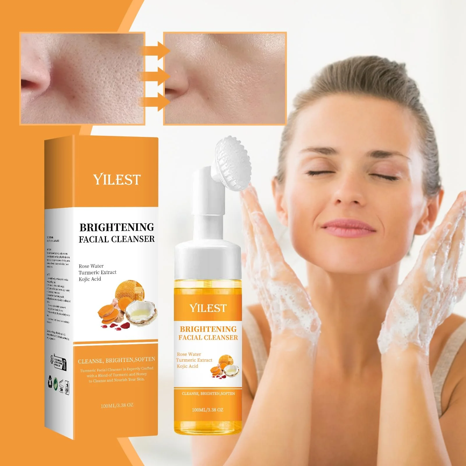 Очищающее средство для лица Куркума 100 мл, Успокаивающая очищающая пенка, Осветляющая пенка для лица с куркумой и койевой кислотой, Очищающая пенка с куркумой для всех типов кожи, 1 штука, фото №7