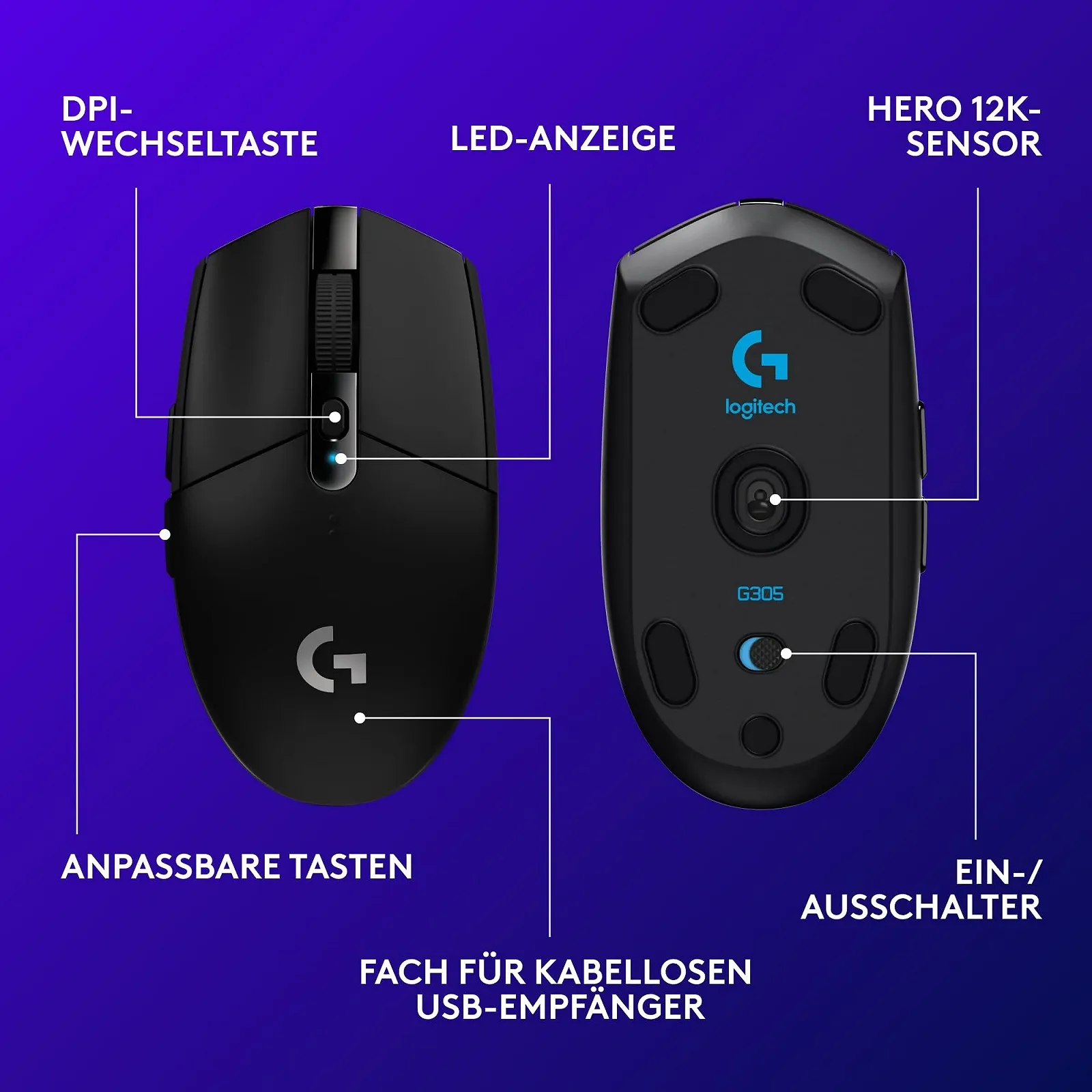 Ігрова миша Logitech G305 LIGHTSPEED Wireless HERO 12000 DPI Black (Німецька упаковка), фото №6 Ігрова миша Logitech G305 LIGHTSPEED Wireless HERO 12000 DPI Black (Німецька упаковка), фото №6