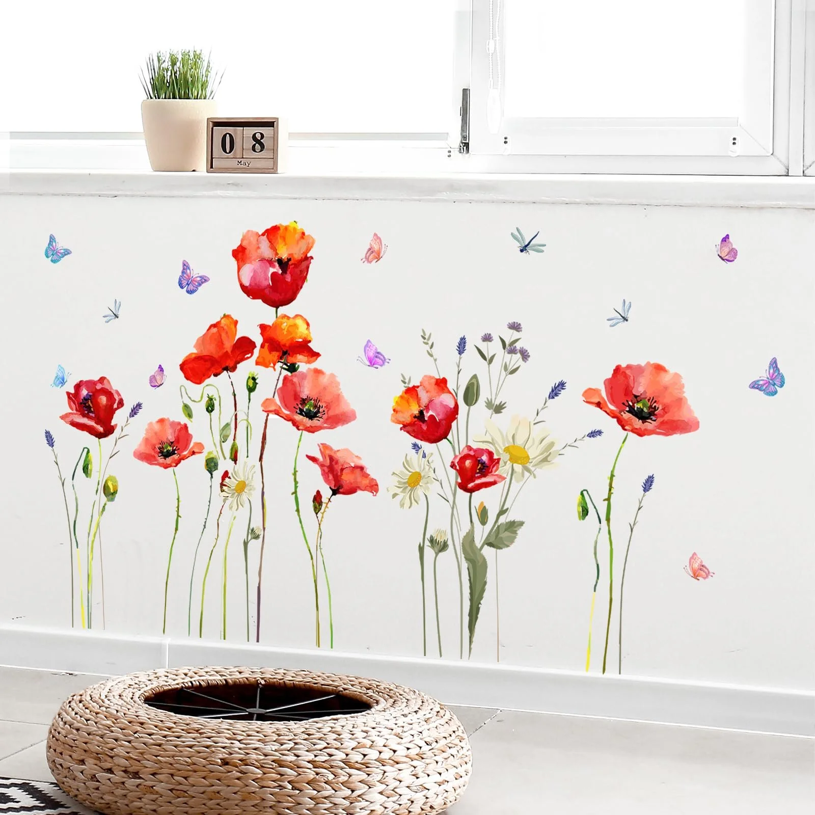 Наклейка на стену Tanlaby Red Poppies Watercolour Flowers Butterfly, фото №4