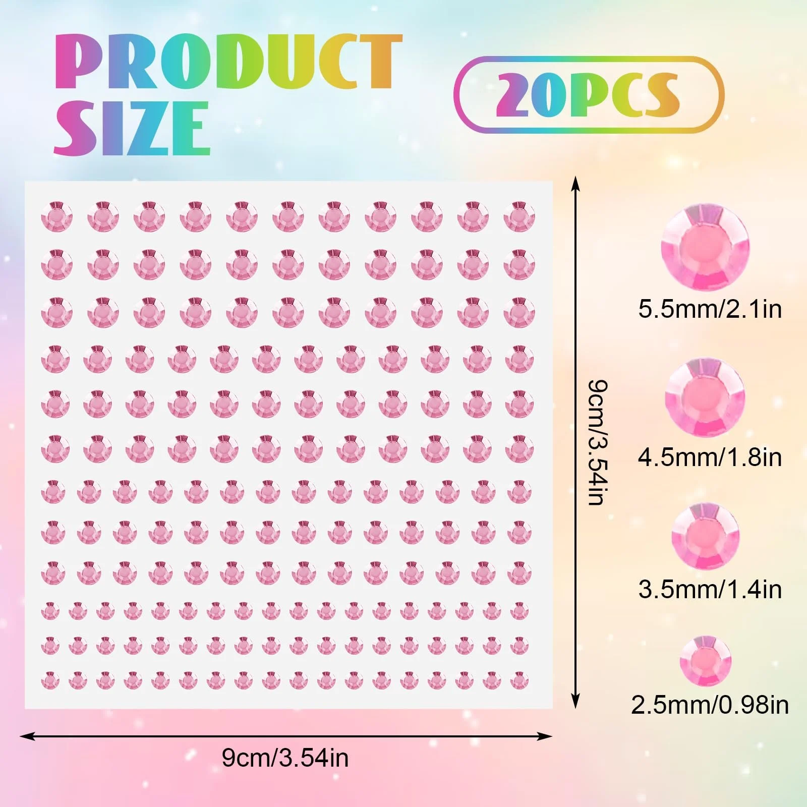 Самоклеючі блискучі стрази Larrel, 3/4/5/6 мм, 3300 шт, різних кольорів, фото №2