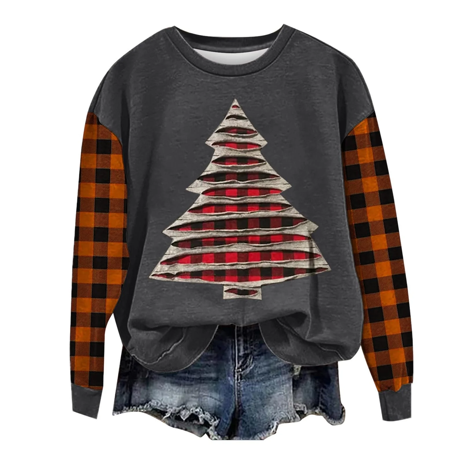 Легкий женский свитшот-пуловер с художественным принтом рождественской елки в клетку, длинными рукавами и круглым вырезом, мягкий хлопковый свитшот для женщин, фото №1