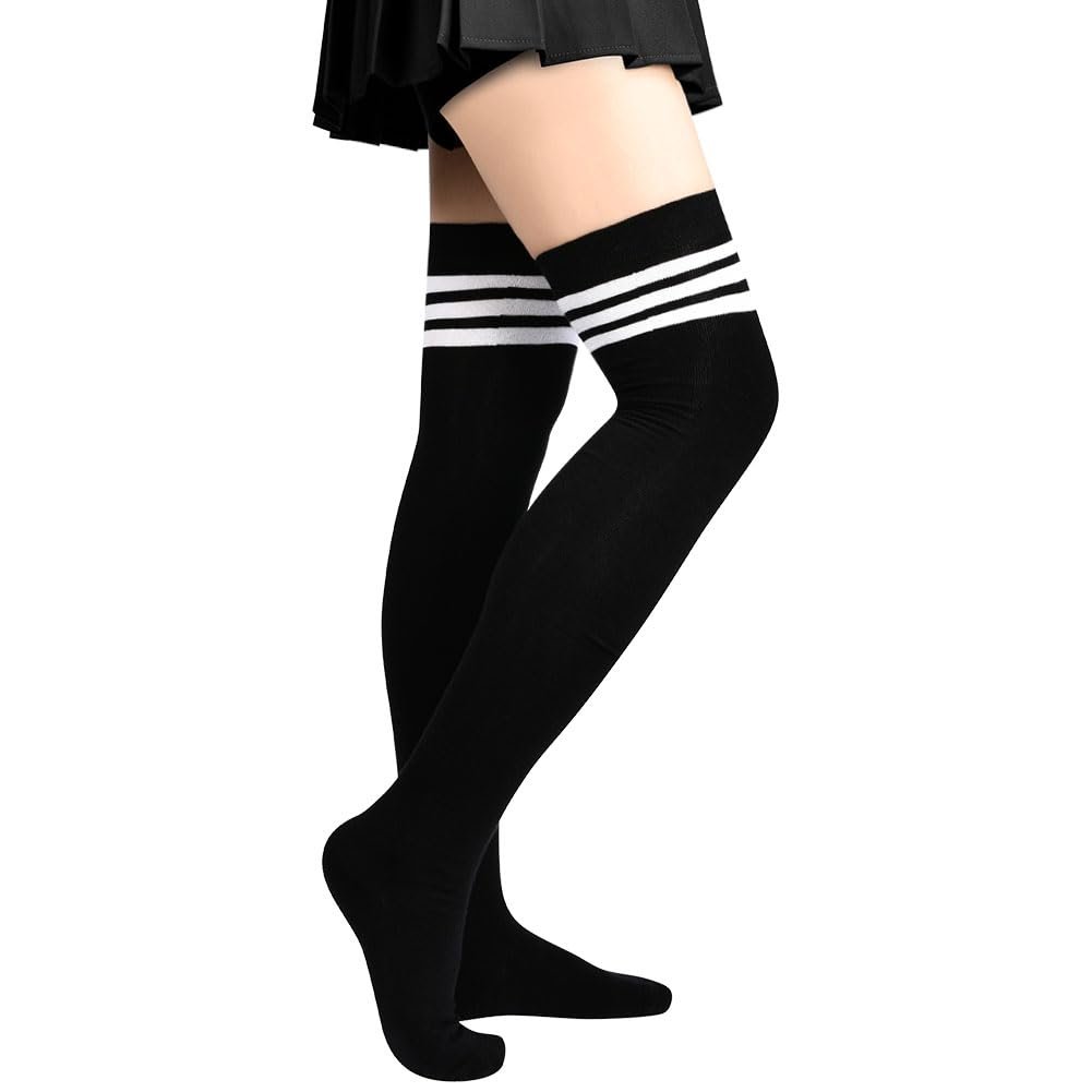 Чулки Aomig Overknee женские, 1 пара, тонкие однотонные полосатые длинные гольфы для девочек, повседневные гольфы для ежедневного использования, для косплея на Рождество и Хэллоуин (Черные полоски), фото №9