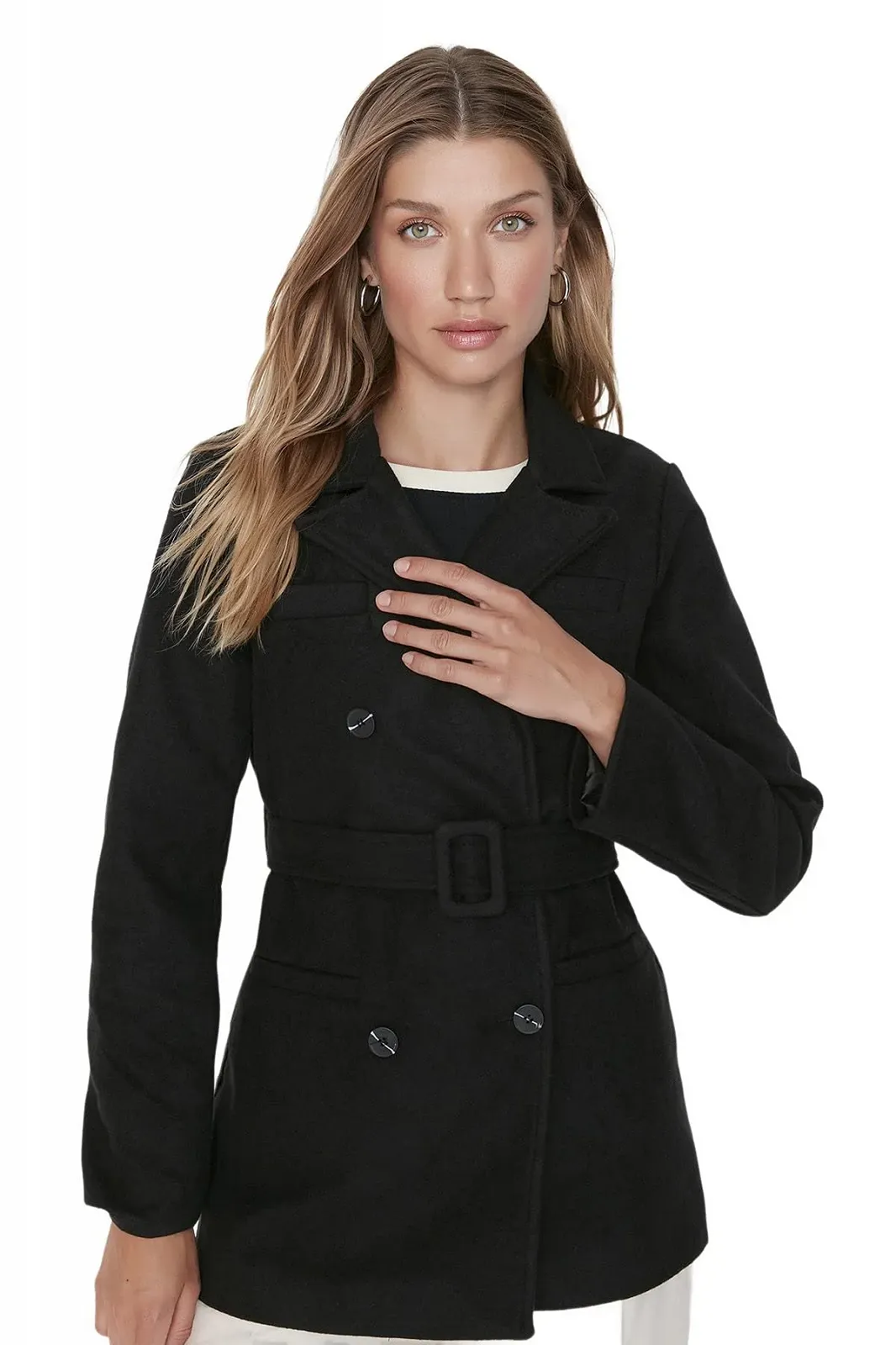 Пальто TRENDYOL С запахом Классический Однотонный Тканевый, фото №2 Пальто TRENDYOL С запахом Классический Однотонный Тканевый, фото №2