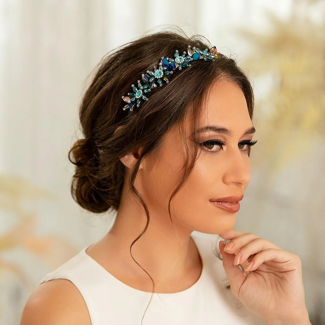 Обруч для волосся IYOU з блискучими стразами, зелений кришталевий, з квіткою, фото №4