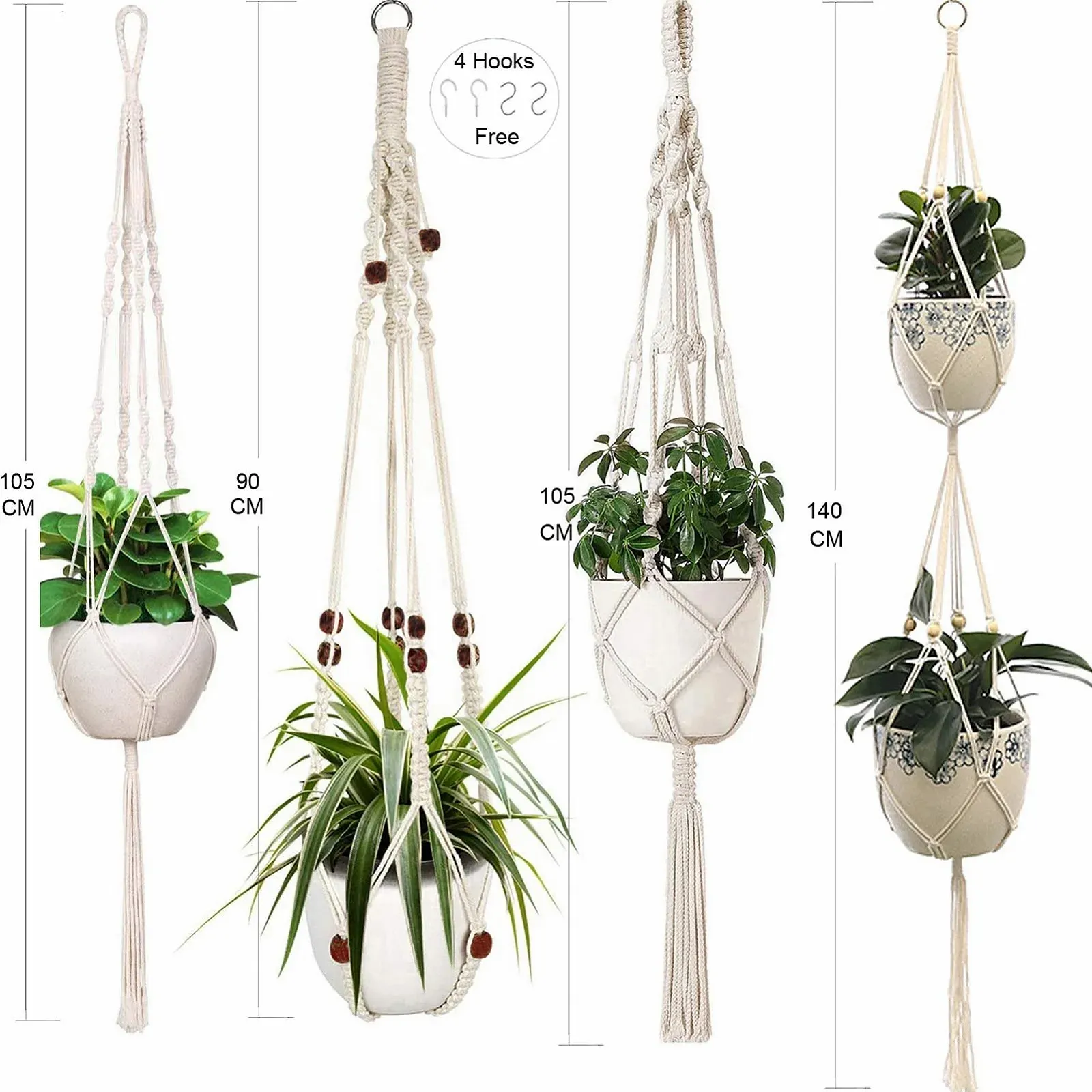 Підвісне кашпо макраме з бавовняної мотузки на 4 ніжки, фото №4