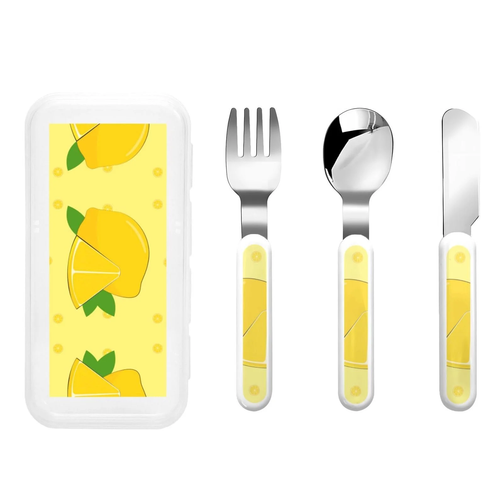Дитячий набір столових приборів з малюнком лимона, три предмети, фото №1 Дитячий набір столових приборів з малюнком лимона, три предмети, фото №1