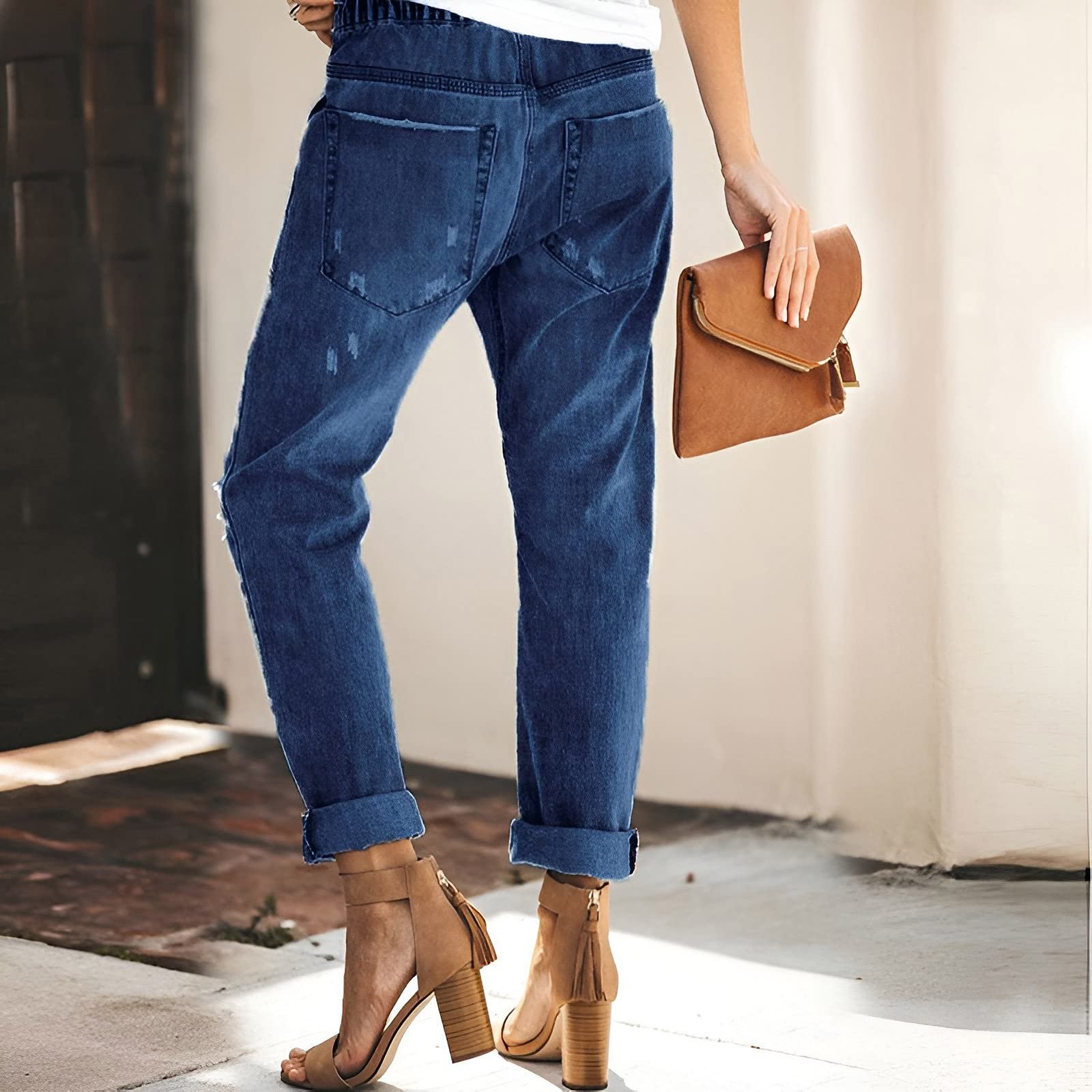 Жіночі джинси Wide Leg Jeans великого розміру, еластичні джинси з гумкою, джоггери 7/8 з куліскою, зручні штани-гарем, тканинні штани, літні рвані джинси, повсякденний денім, фото №3