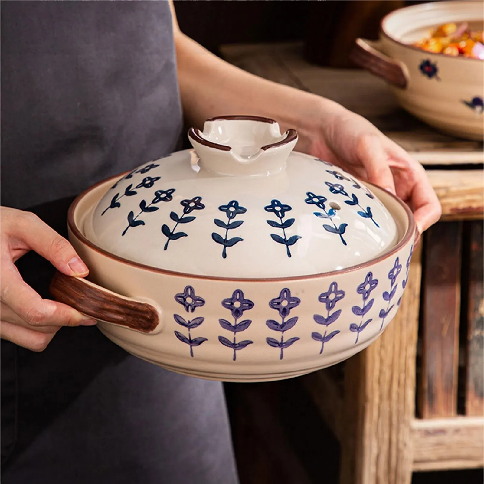 Каструля керамічна HUHJYUGE Japanese Donabe 1.5 л кругла з кришкою, фото №2