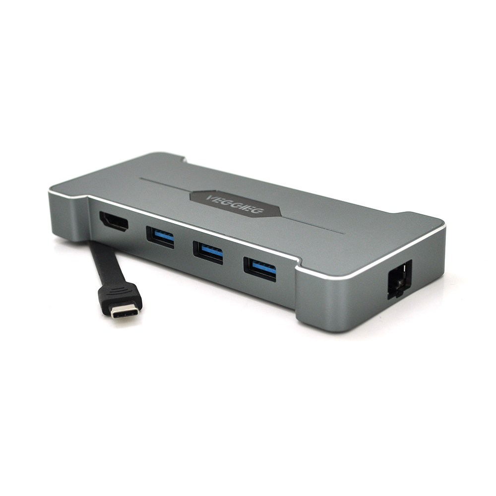 Хаб-конвертор VEGGIEG TC06 Type-C папа на Type-C мама USB3.0*3(мама) HDMI мама RJ45 Silver Box, фото №1
