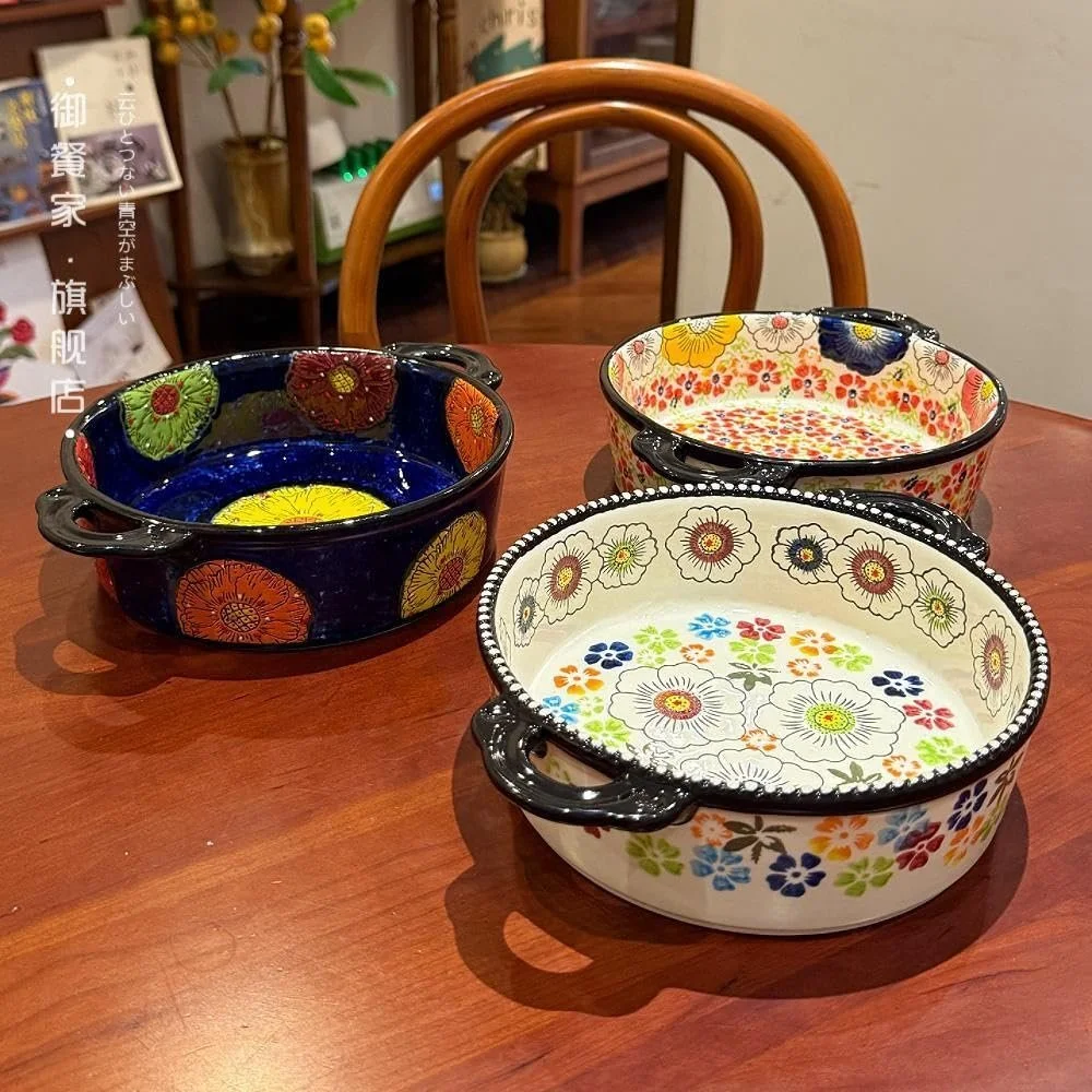 Форма для запекания керамическая круглая винтажная 950 мл с двумя ручками, фото №4