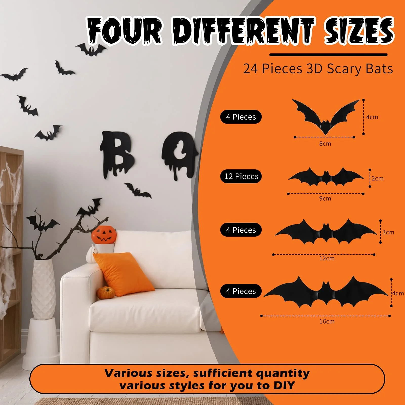 Наклейка на стіну 24 штуки 3D Bat Stickers Хелловін 4 розміри Чорна, фото №2