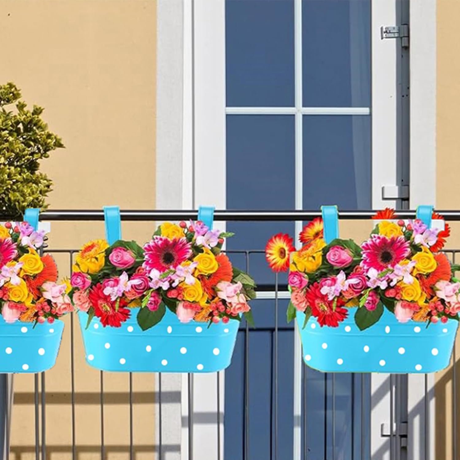 Підвісні кашпо для перил 4 шт. залізні овальні з дренажними отворами Сині, фото №3