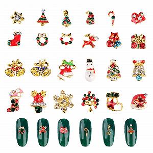 Украшения для ногтей Рождественские, Упаковка 24 штуки, 3D Колокольчики Снежинка Сапоги Лось Металлические Стразы для ногтей Рождественская тематика - Фото 1