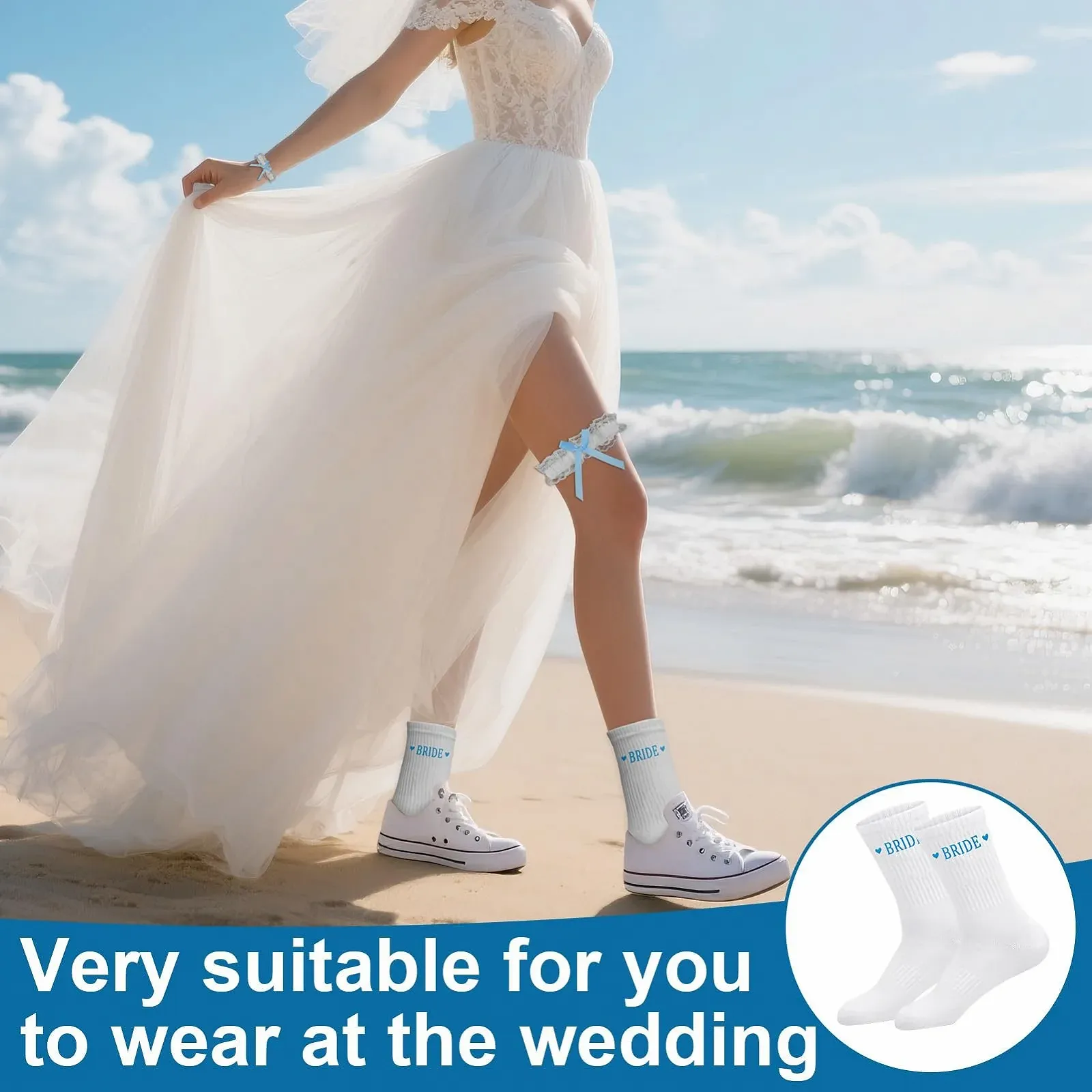 Свадебные носки (4 пары) Голубые, белые; Белая подвязка; Кружевные рукава с бантом; Эластичные кружевные свадебные носки, фото №4