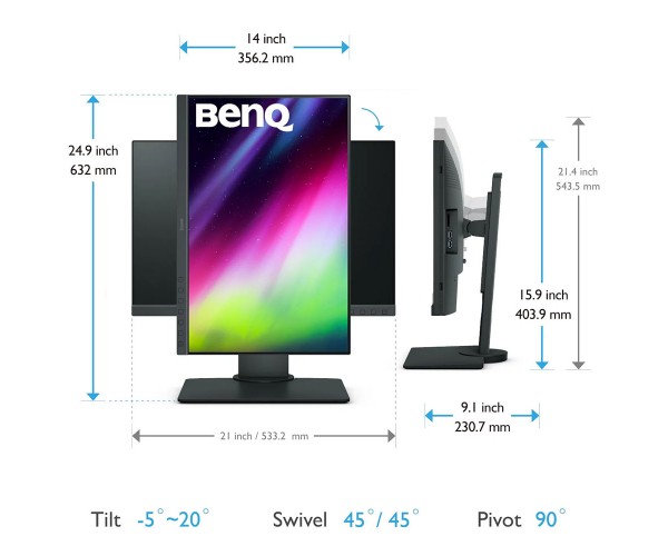Монітор TFT 24.1" BenQ SW240 IPS 16:10, 99 Adobe RGB DVI-DL HDMI DP USB хаб Pivot сірий, фото №9